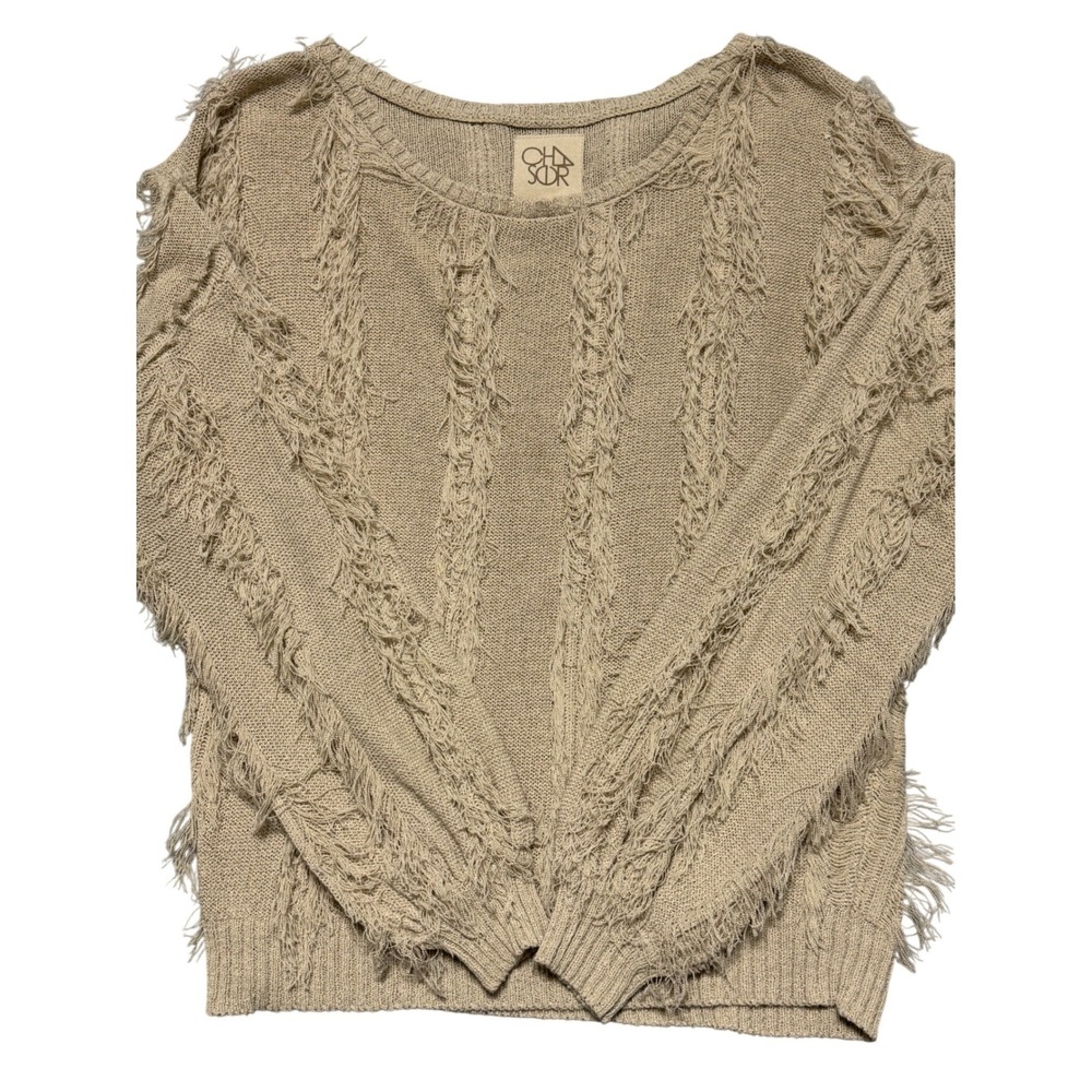 Chaser Womens Beige Distressed Fringe Knit Pullover‎ Sweater CW7423 Small